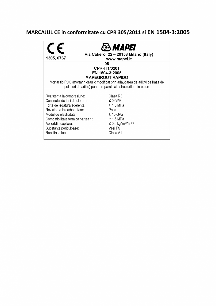 Pagina 2-Declaratie de performanta - Mortar hidraulic modificat prin aditivarea cu polimeri – (R3-PCC) ...