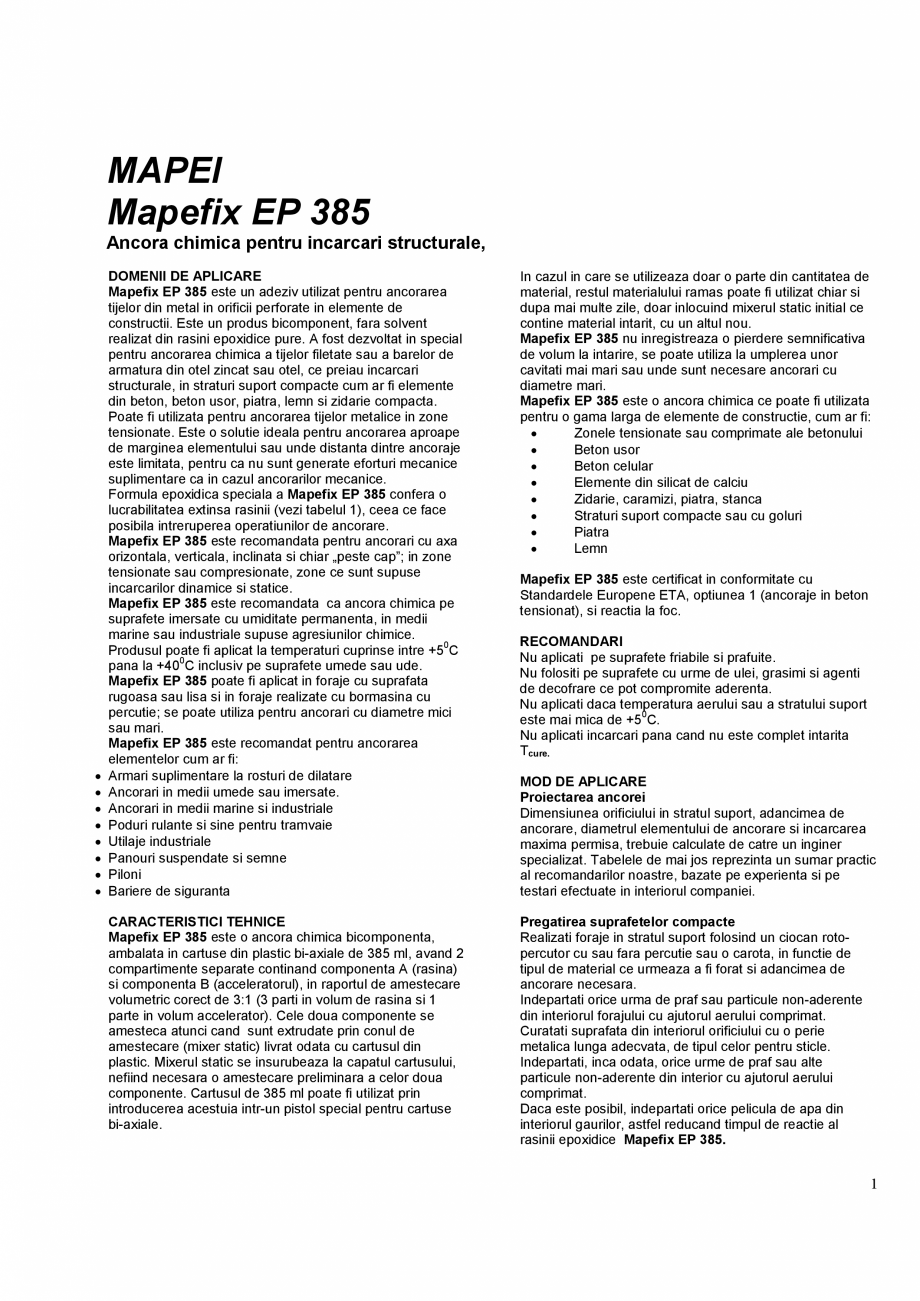 Pagina 1-Ancora chimica pentru incarcari structurale MAPEI MAPEFIX EP 385/585 Fisa tehnica Romana MAPEI...