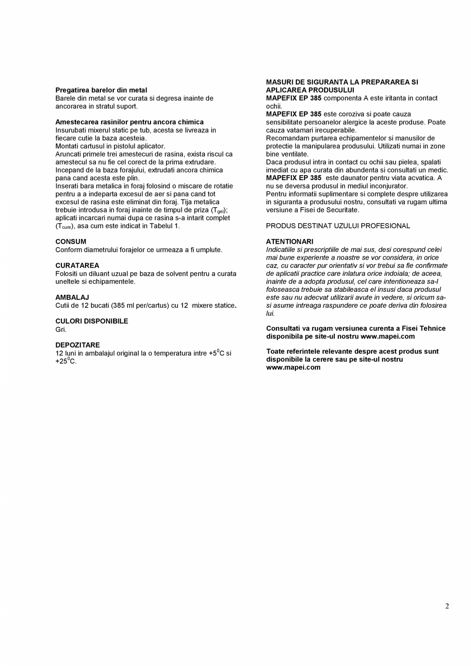 Pagina 2-Ancora chimica pentru incarcari structurale MAPEI MAPEFIX EP 385/585 Fisa tehnica Romana erea...