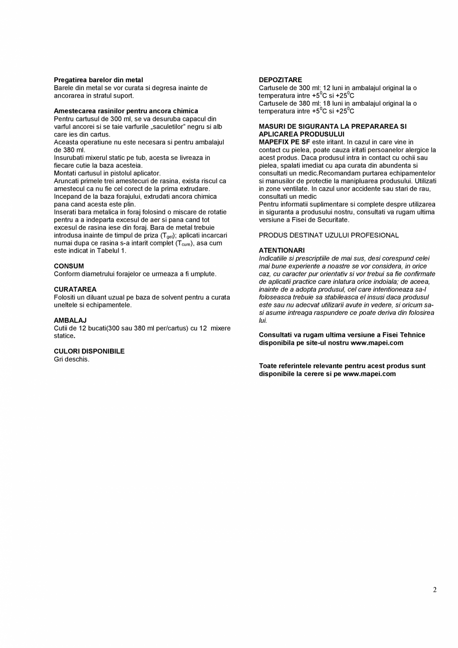 Pagina 2-Ancora chimica pentru incarcari grele  MAPEI MAPEFIX PE SF Fisa tehnica Romana icala sau „peste...
