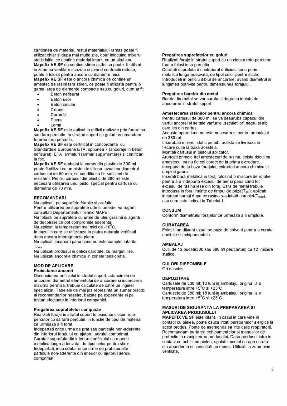 Pagina 2-Ancora chimica pentru incarcari structurale si prinderea armaturilor in beton MAPEI MAPEFIX VE SF...