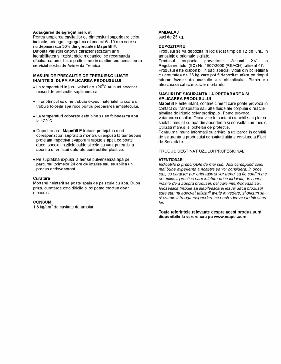 Pagina 2-Mortar de inalta performanta pe baza de ciment, fara contractii, pentru ancorari MAPEI MAPEFILL F...
