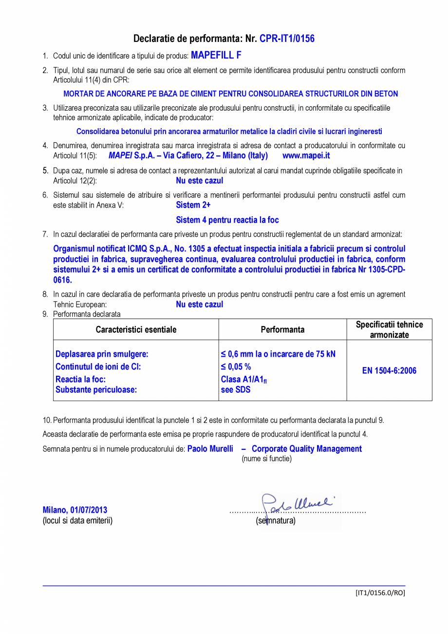 Pagina 1-Declaratie de performanta - Mortar de ancorare pe baza de ciment pentru consolidarea structurilor...