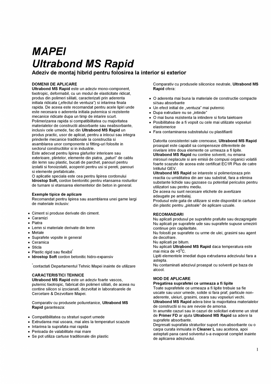 Pagina 1-Adeziv de montaj hibrid pentru folosirea la interior si exterior MAPEI ULTRABOND MS RAPID Fisa...