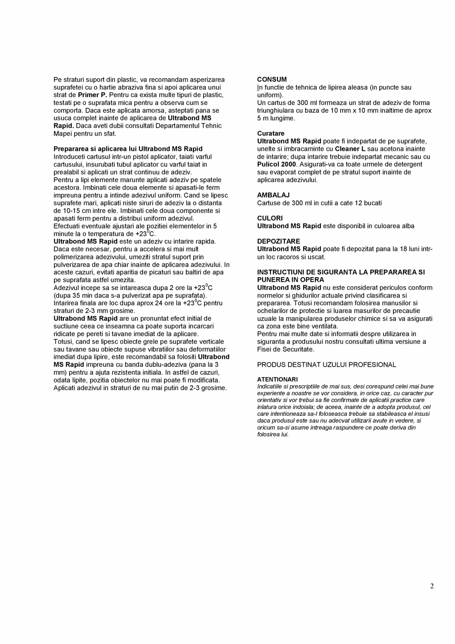 Pagina 2-Adeziv de montaj hibrid pentru folosirea la interior si exterior MAPEI ULTRABOND MS RAPID Fisa...