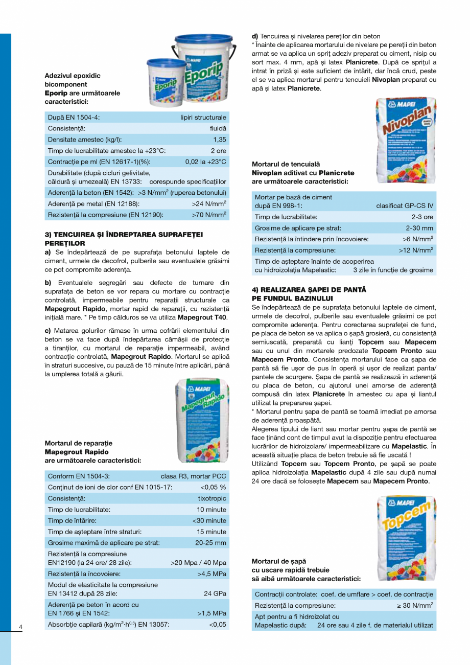 Pagina 4-Ghid constructia piscinelor din beton armat MAPEI Catalog, brosura Romana bază de ciment: ATR; EN...