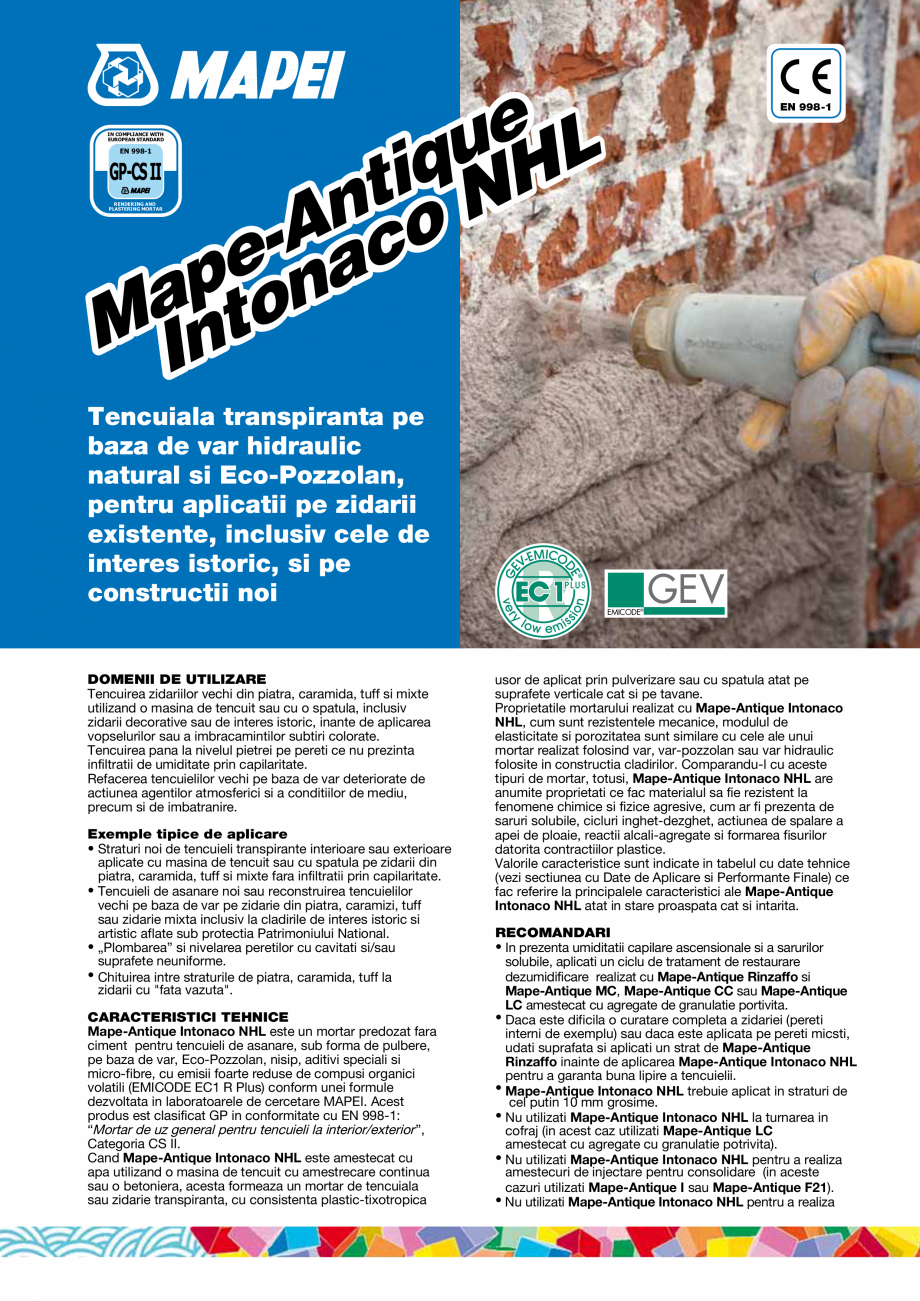Pagina 1-Tencuiala pentru aplicatii pe zidarii existente sau constructii noi MAPEI MAPE-ANTIQUE INTONACO NHL ...