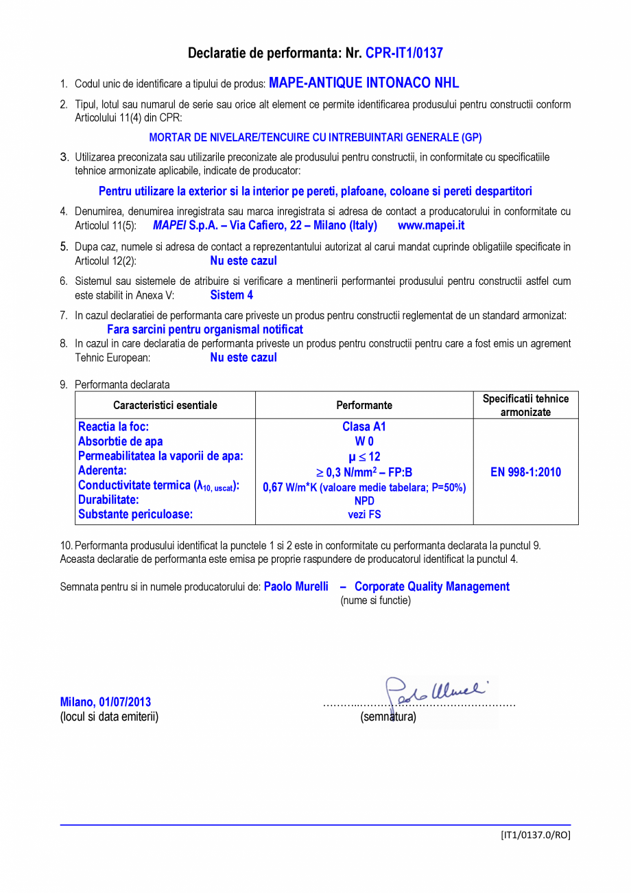 Pagina 1-Declaratie de performanta - Mortar de nivelare/tencuire cu intrebuintari generale MAPEI MAPE-ANTIQUE...
