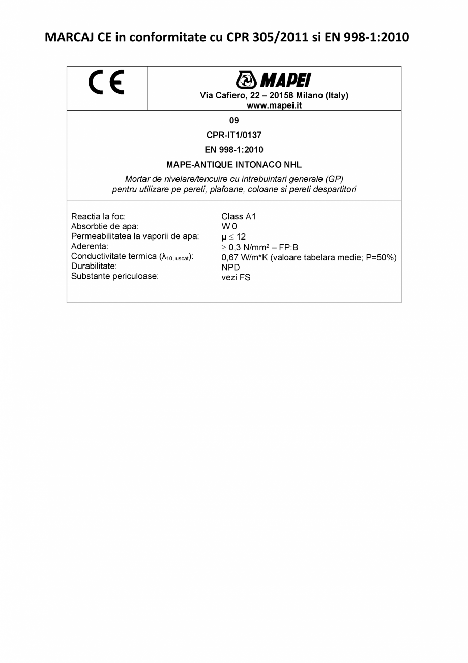 Pagina 2-Declaratie de performanta - Mortar de nivelare/tencuire cu intrebuintari generale MAPEI MAPE-ANTIQUE...