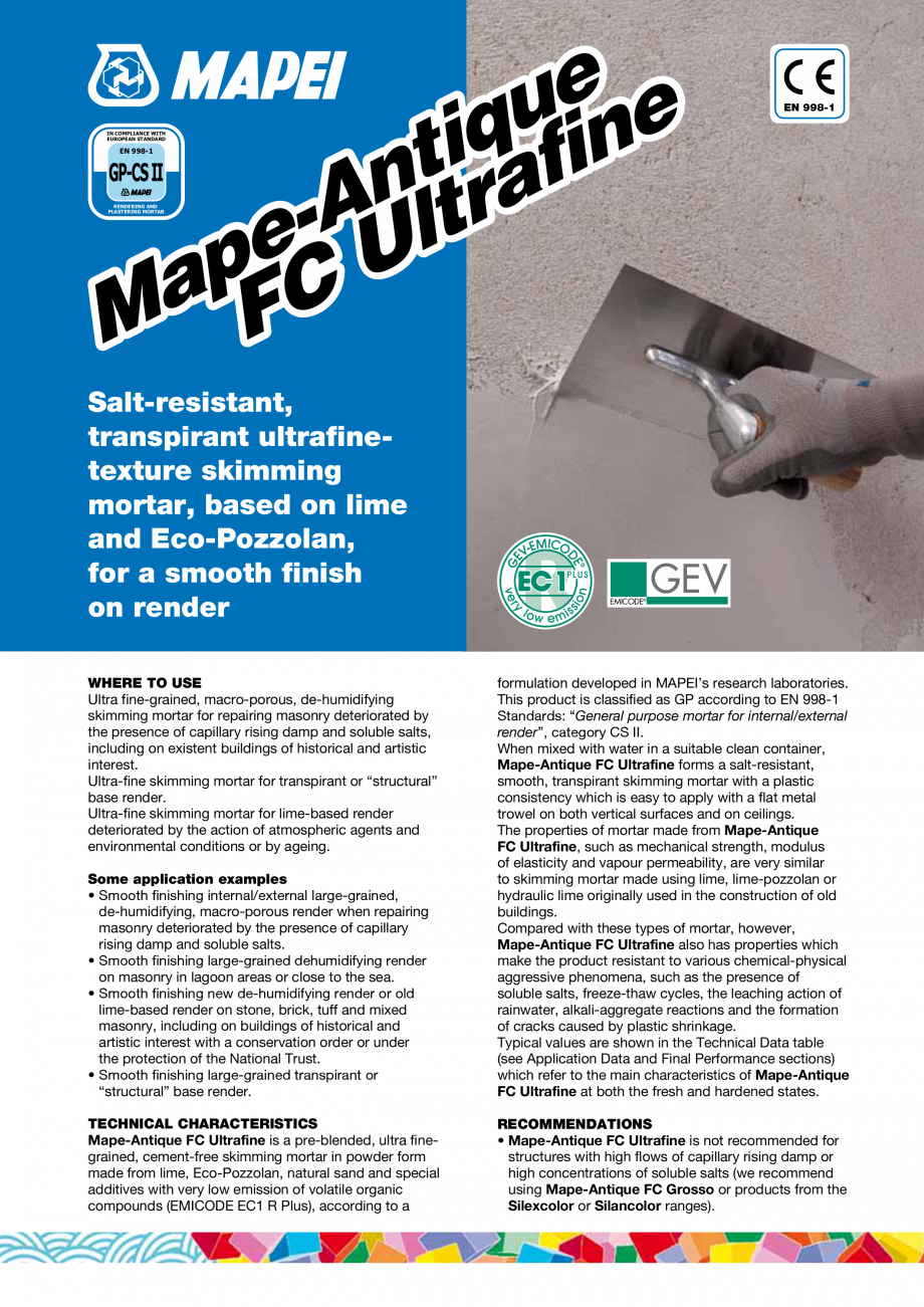 Pagina 1-Mortar ultrafin permeabil pe baza de var MAPEI Mape-Antique FC Ultrafine Fisa tehnica Engleza ee
un
...