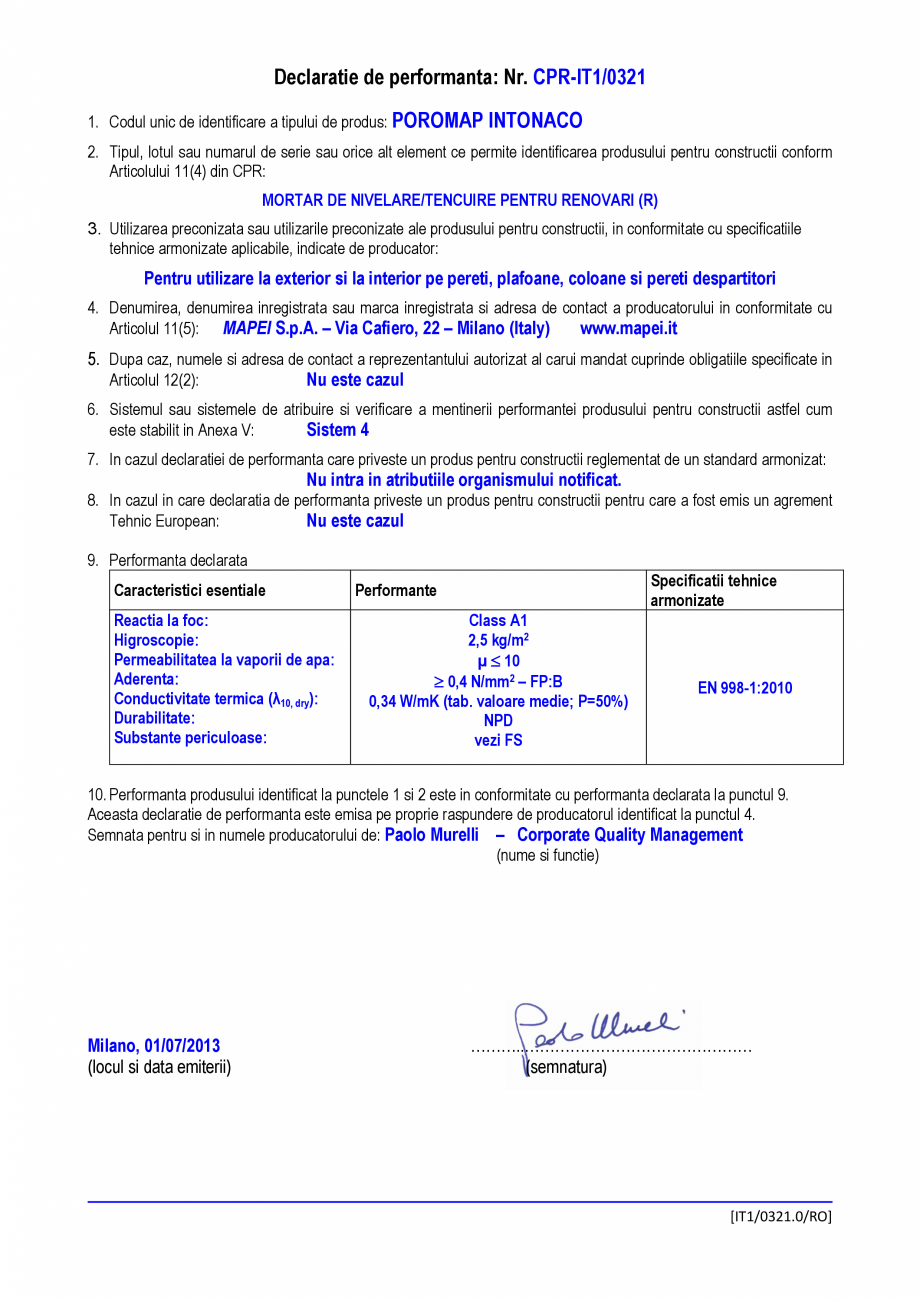 Pagina 1 - Declaratie de performanta: Nr. CPR-IT1/0321 MAPEI Poromap Intonaco Certificare produs...