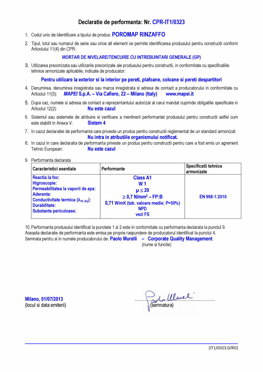 Pagina 1-Declaratie de performanta: Nr. CPR-IT1/0323 MAPEI PoroMap Rinzaffo Certificare produs Romana...