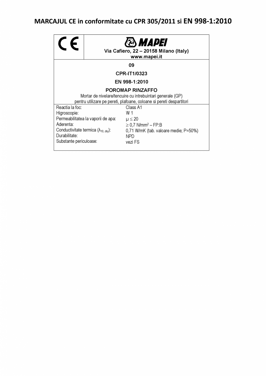 Pagina 2-Declaratie de performanta: Nr. CPR-IT1/0323 MAPEI PoroMap Rinzaffo Certificare produs Romana  a...