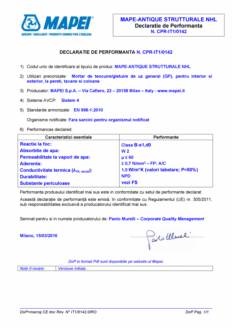 Pagina 1-Declaratie de performanta: Nr. CPR-IT1/0142 MAPEI MAPE-ANTIQUE STRUTTURALE NHL Certificare produs...