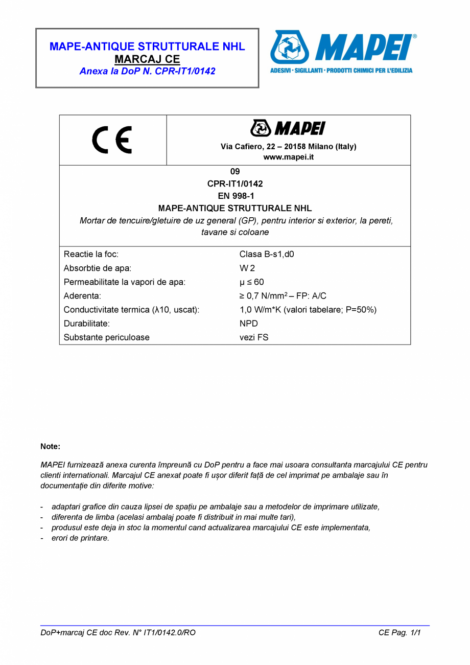 Pagina 2-Declaratie de performanta: Nr. CPR-IT1/0142 MAPEI MAPE-ANTIQUE STRUTTURALE NHL Certificare produs...