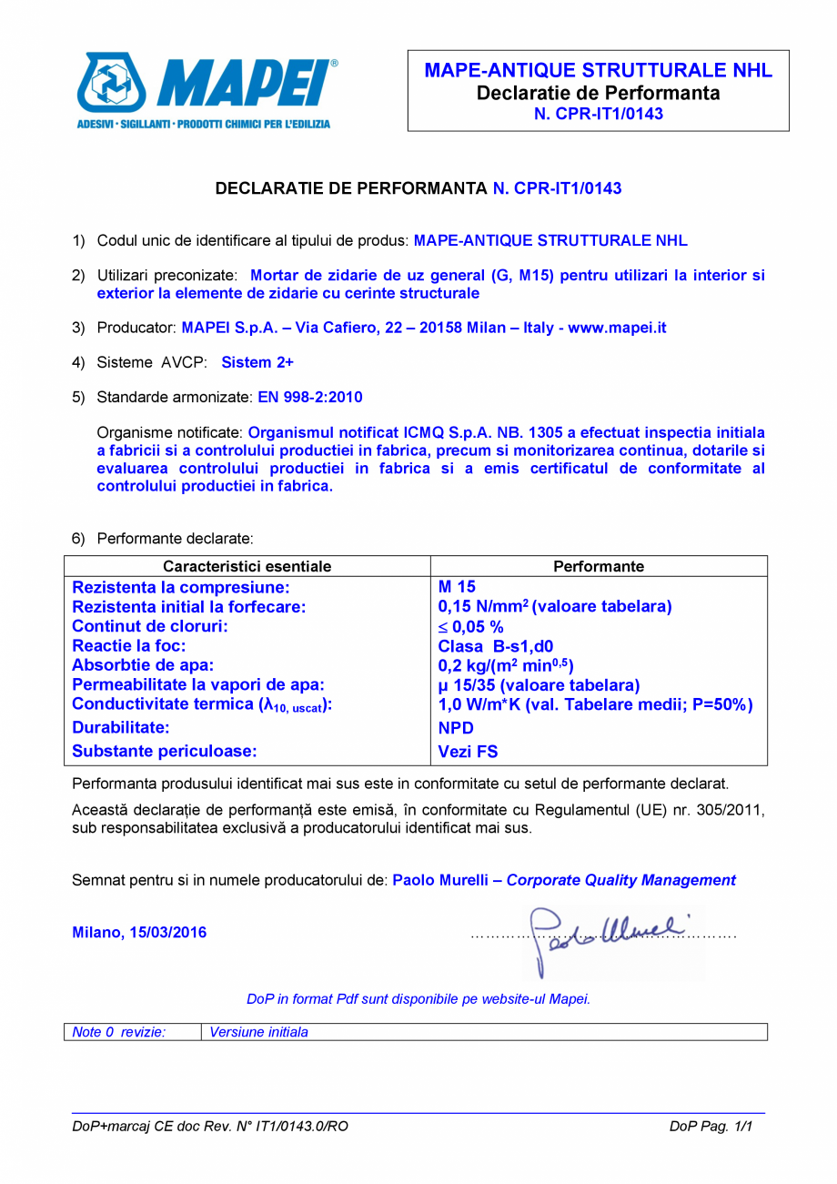 Pagina 1-Declaratie de performanta: Nr. CPR-IT1/0143 MAPEI MAPE-ANTIQUE STRUTTURALE NHL Certificare produs...