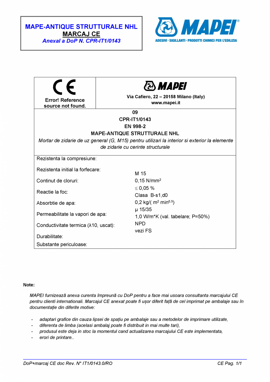Pagina 2-Declaratie de performanta: Nr. CPR-IT1/0143 MAPEI MAPE-ANTIQUE STRUTTURALE NHL Certificare produs...