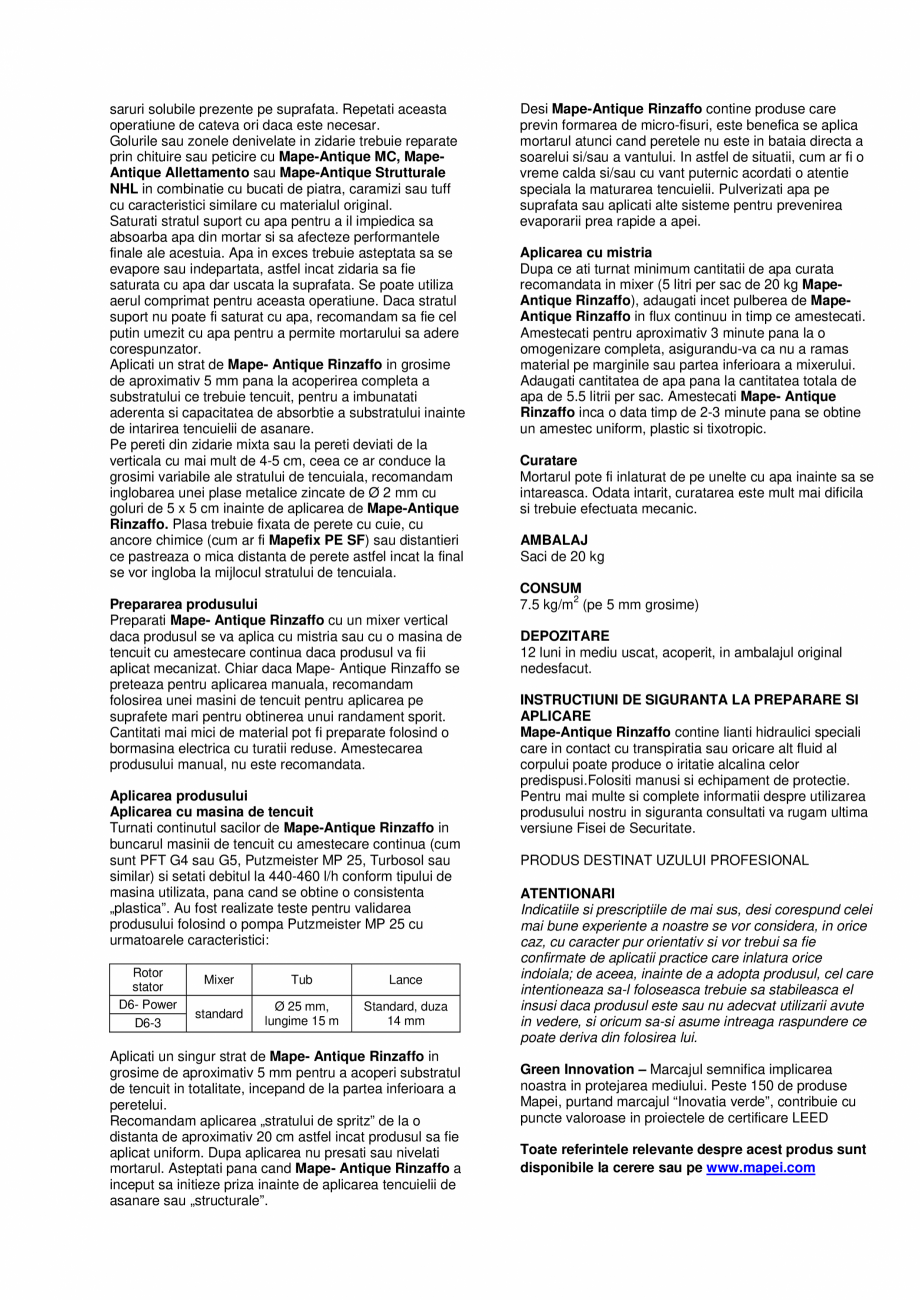 Pagina 2-Mortar predozat de asanare, pe baza de var MAPEI Mape-Antique Rinzaffo Fisa tehnica Romana e,...