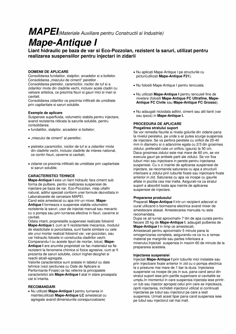 Pagina 1-Liant hidraulic filerizat, superfluid MAPEI Mape-Antique I Fisa tehnica Romana MAPEI(Materiale...