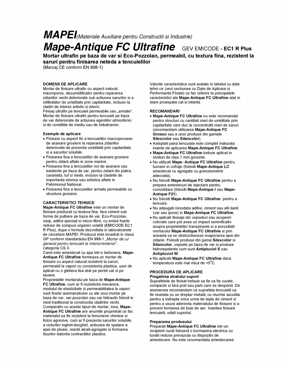 Pagina 1-Mortar rezistent la saruri pentru finisarea neteda a tencuielilor MAPEI Mape-Antique FC Ultrafine...