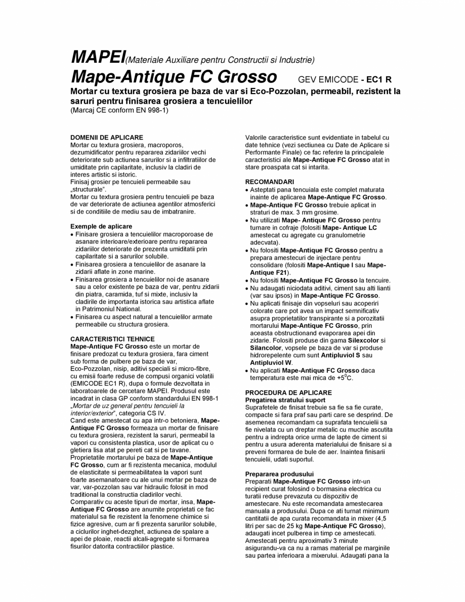 Pagina 1 - Mortar pentru finisarea grosiera a tencuielilor MAPEI MAPE-ANTIQUE FC GROSSO Fisa tehnica...