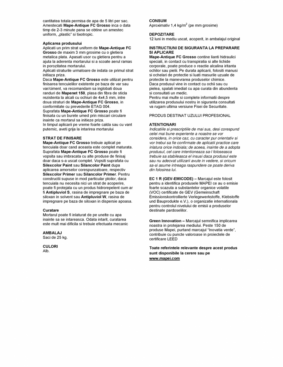 Pagina 2-Mortar pentru finisarea grosiera a tencuielilor MAPEI MAPE-ANTIQUE FC GROSSO Fisa tehnica Romana e...