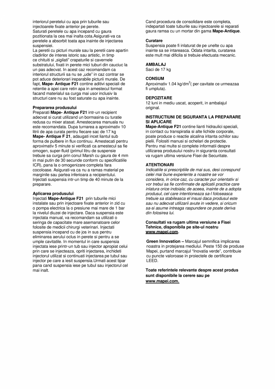 Pagina 2-Liant hidraulic filerizat, superfluid, pentru consolidari in zone dificile MAPEI Mape-Antique F21...