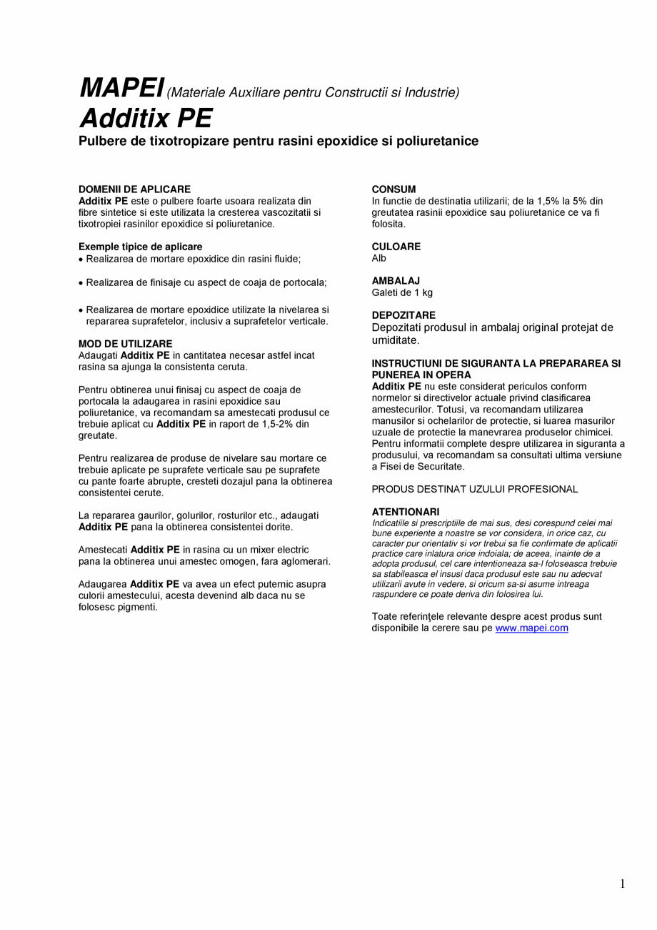 Pagina 1-Pulbere de tixotropizare pentru rasini epoxidice si poliuretanice MAPEI ADDITIX PE Fisa tehnica...