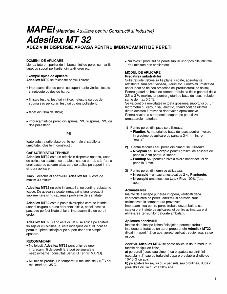 Pagina 1-Adeziv in dispersie apoasa pentru imbracaminti de pereti  MAPEI ADESILEX MT32 Fisa tehnica Romana...