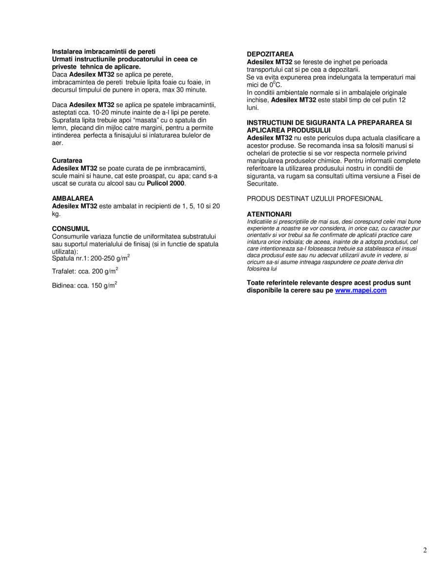 Pagina 2-Adeziv in dispersie apoasa pentru imbracaminti de pereti  MAPEI ADESILEX MT32 Fisa tehnica Romana ...