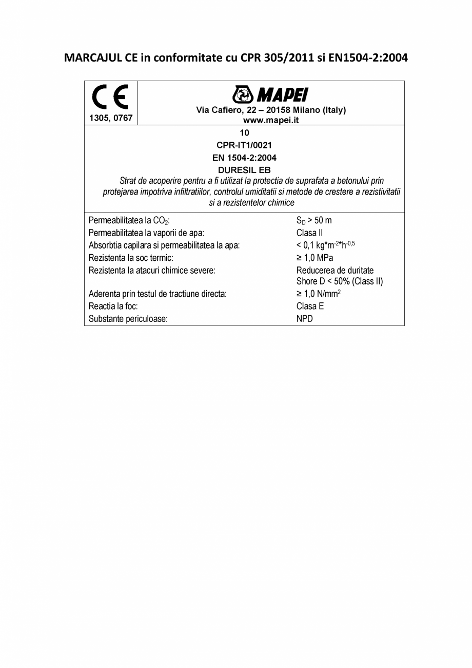 Pagina 2-Declaratie de performanta - Produs epoxidic bi-component pentru protectia suprafetelor  - acoperiri ...