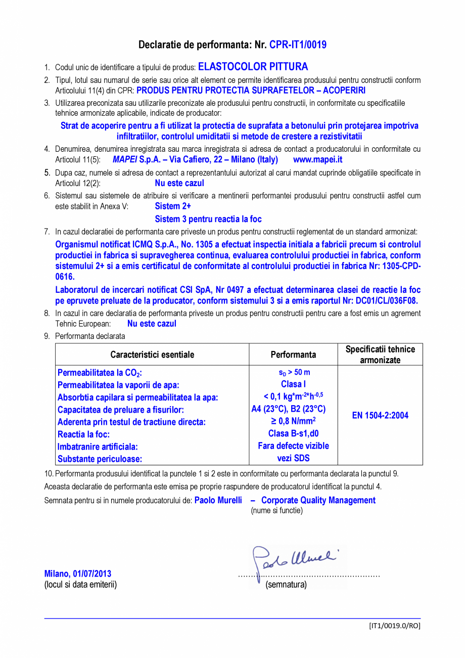 Pagina 1-Declaratie de performanta - Produs pentru protectia suprafetelor - acoperiri MAPEI ELASTOCOLOR PAINT...