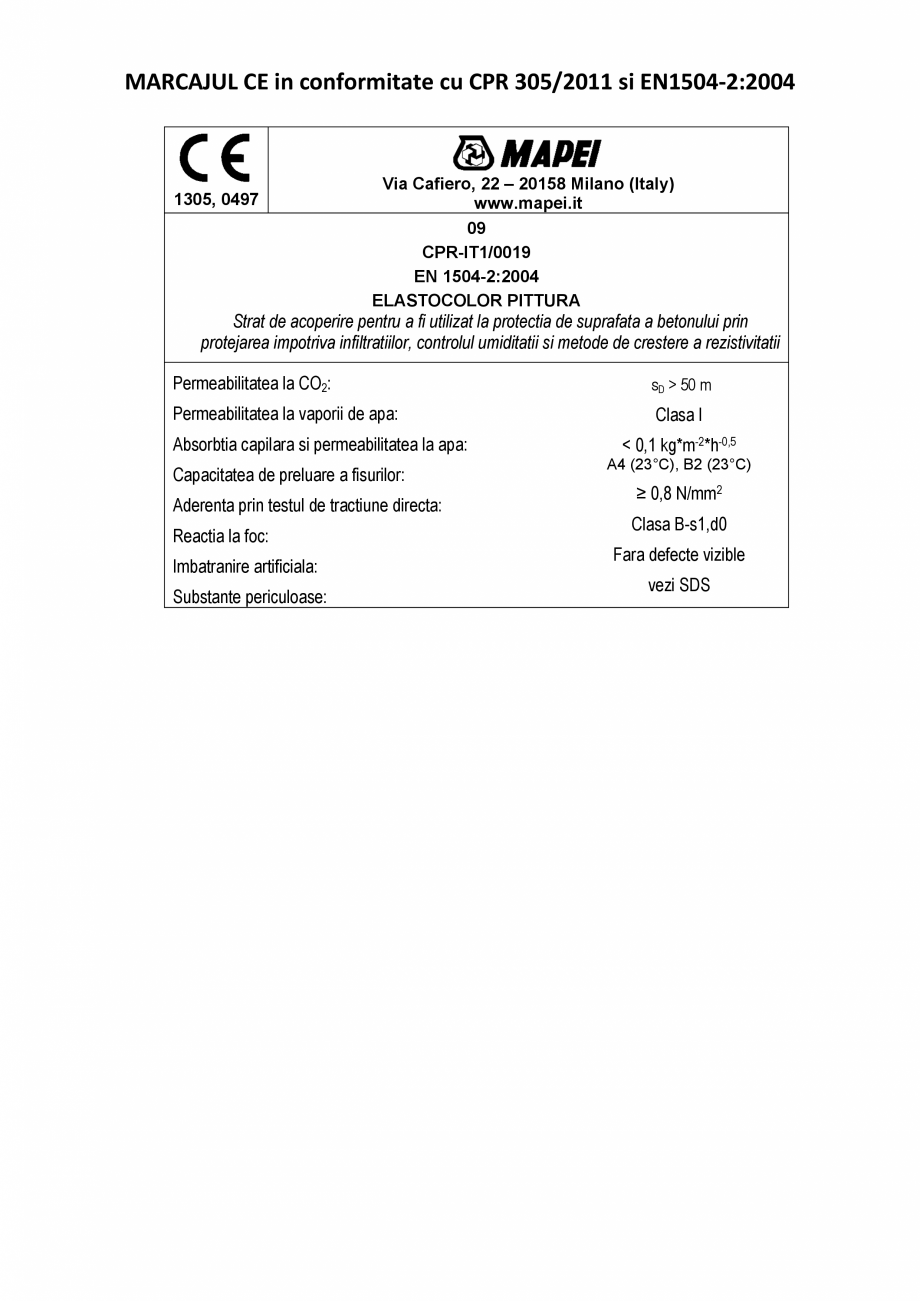 Pagina 2-Declaratie de performanta - Produs pentru protectia suprafetelor - acoperiri MAPEI ELASTOCOLOR PAINT...