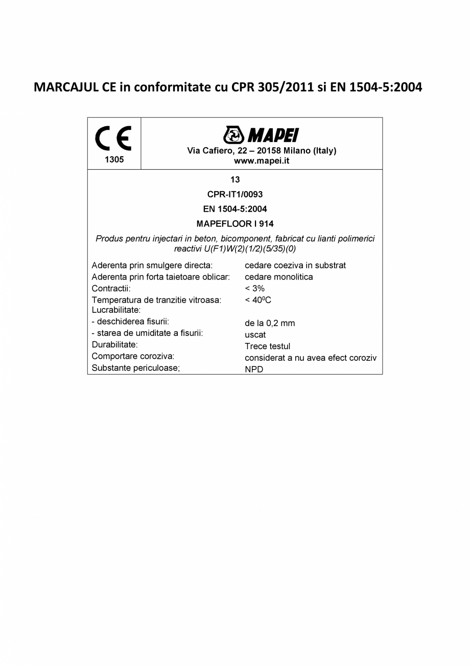 Pagina 2-Declaratie de performanta - Produs pentru injectari in beton, bicomponent, fabricat cu lianti...