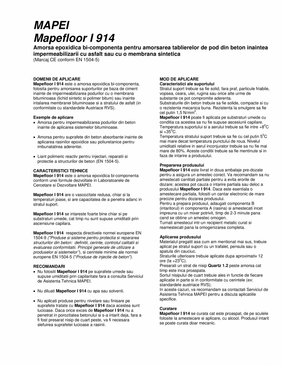 Pagina 1-Amorsa epoxidica bi-componenta pentru amorsarea tablierelor de pod din beton MAPEI MAPEFLOOR I 914...