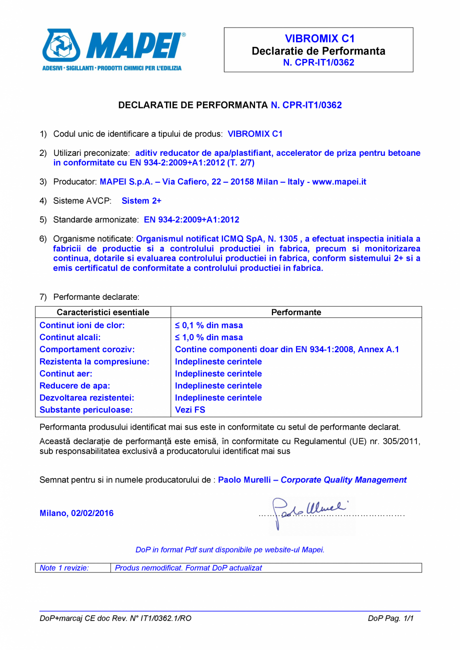 Pagina 1-Declaratie de performanta - aditiv reducator de apa/plastifiant, accelerator de priza pentru betoane...