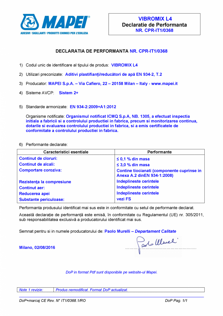 Pagina 1 - Declaratie de performanta - Aditivi plastifianti/reducatori de apa EN 934-2, T.2 MAPEI...