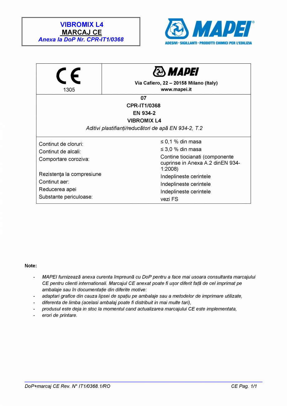 Pagina 2 - Declaratie de performanta - Aditivi plastifianti/reducatori de apa EN 934-2, T.2 MAPEI...