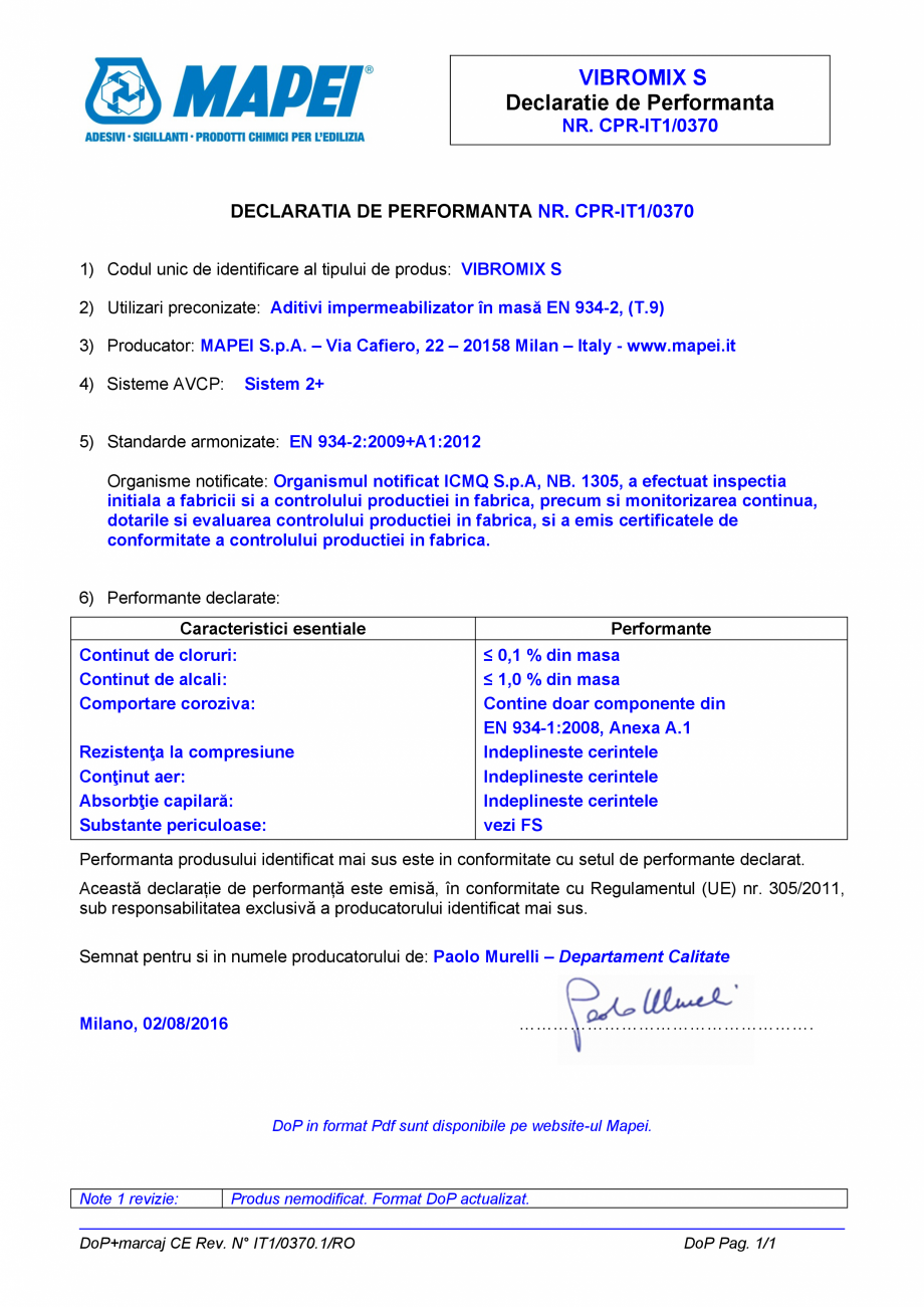 Pagina 1-Declaratie de performanta - Aditivi impermeabilizator in masa EN 934-2, (T.9) MAPEI VIBROMIX S...