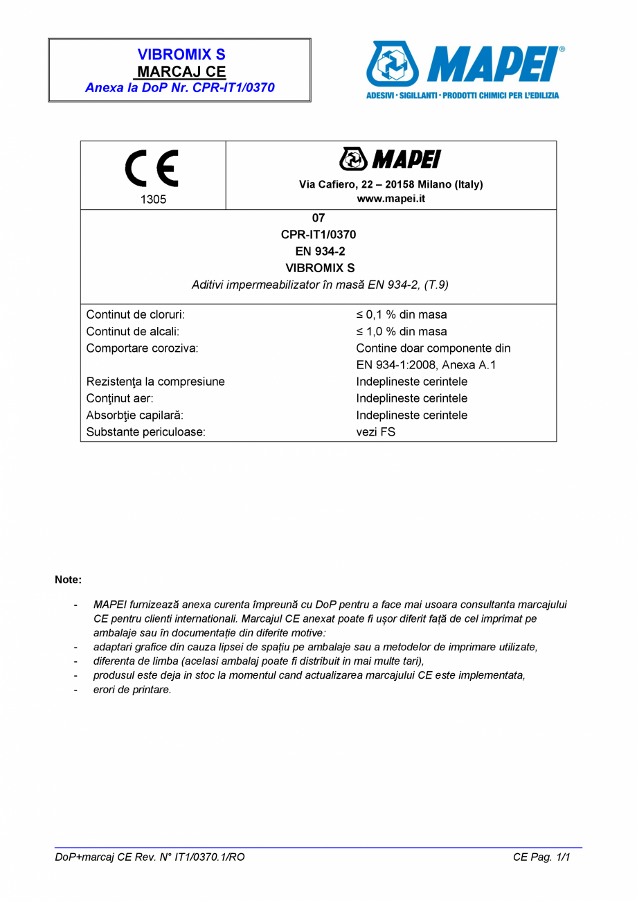 Pagina 2-Declaratie de performanta - Aditivi impermeabilizator in masa EN 934-2, (T.9) MAPEI VIBROMIX S...