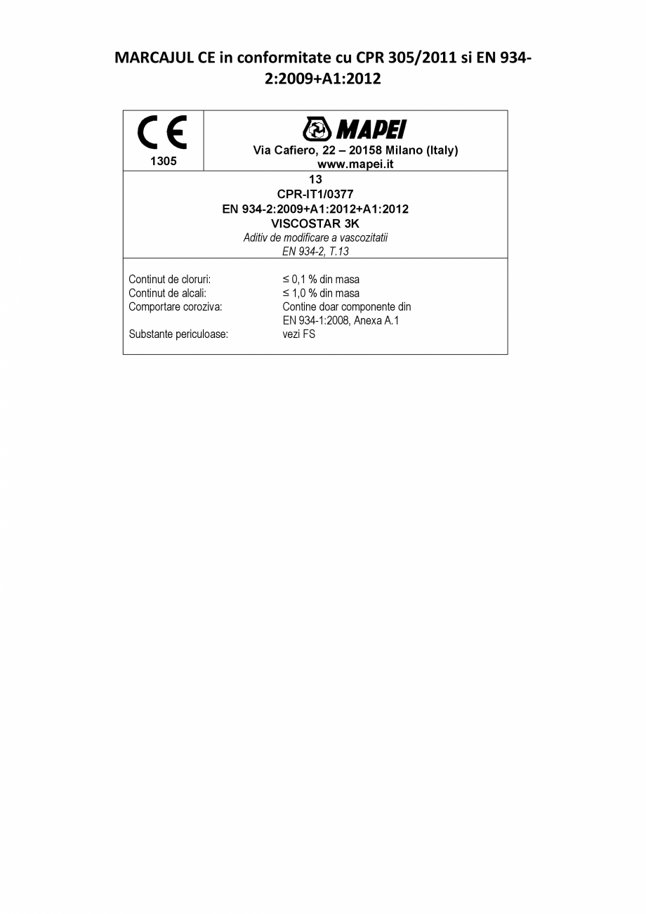 Pagina 2 - Declaratie de performanta - Aditiv pentru beton conform EN 934-2:2009+A1:2012 (T. 13)...