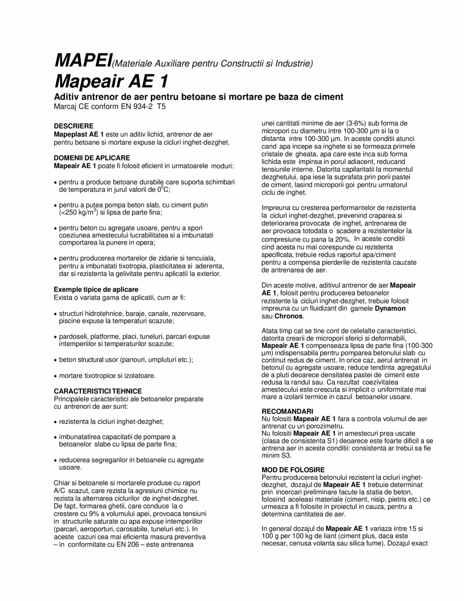 Pagina 1-Aditiv antrenor de aer pentru betoane si mortare pe baza de ciment MAPEI MAPEAIR AE 1 Fisa tehnica...