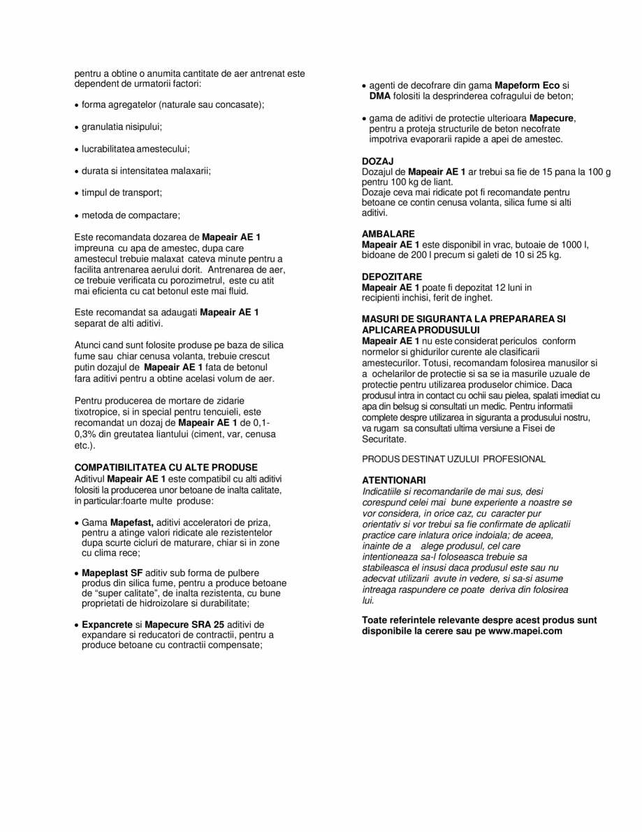 Pagina 2-Aditiv antrenor de aer pentru betoane si mortare pe baza de ciment MAPEI MAPEAIR AE 1 Fisa tehnica...