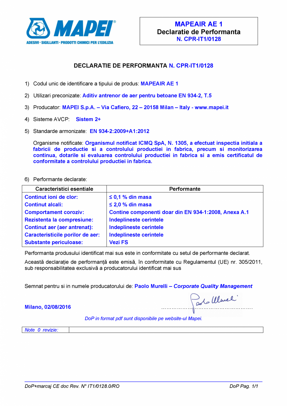 Pagina 1-Declaratie de performanta - Aditiv antrenor de aer pentru betoane EN 934-2, T.5 MAPEI MAPEAIR AE 1...