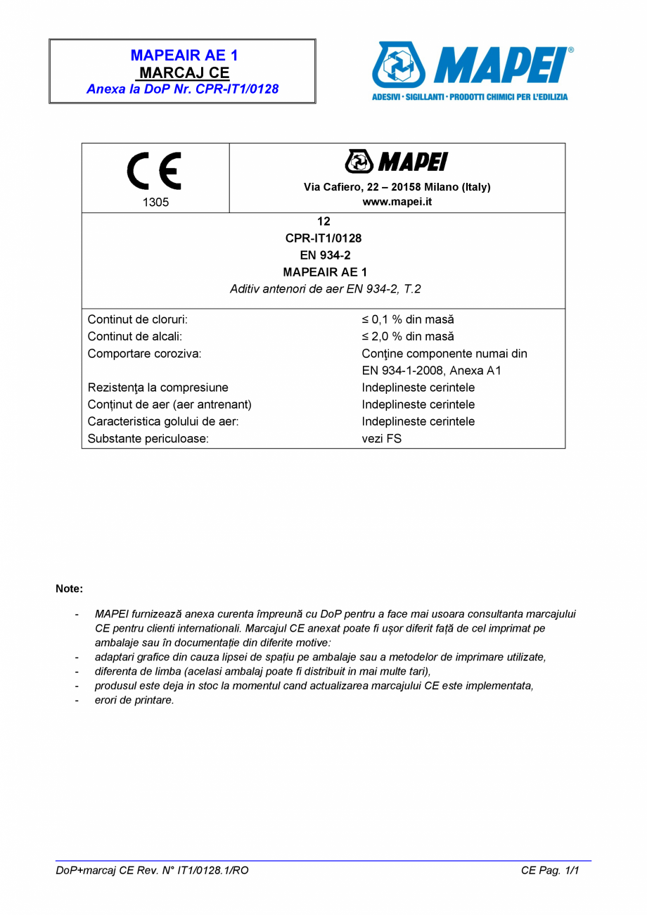 Pagina 2-Declaratie de performanta - Aditiv antenori de aer EN 934-2, T.2 MAPEI MAPEAIR AE 1 Certificare...