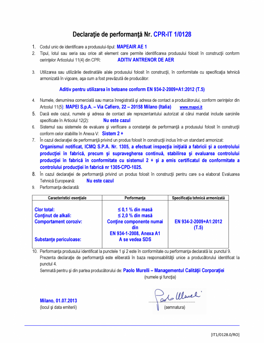 Pagina 1-Declaratie de performanta - Aditiv antrenor de aer  MAPEI MAPEAIR AE 1 Certificare produs Romana...