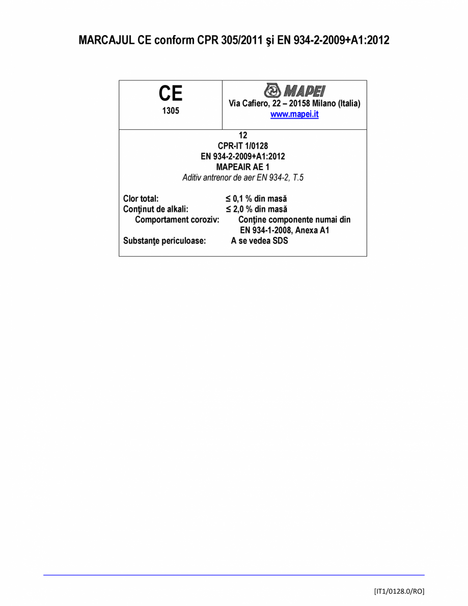 Pagina 2-Declaratie de performanta - Aditiv antrenor de aer  MAPEI MAPEAIR AE 1 Certificare produs Romana ei ...