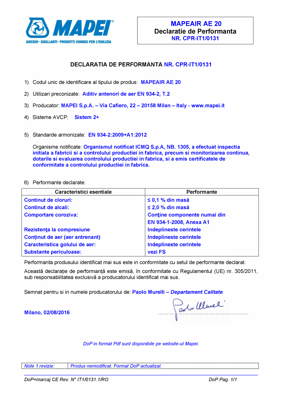 Pagina 1-Declaratie de performanta - Aditiv antenori de aer EN 934-2, T.2 MAPEI MAPEAIR AE 20 Certificare...
