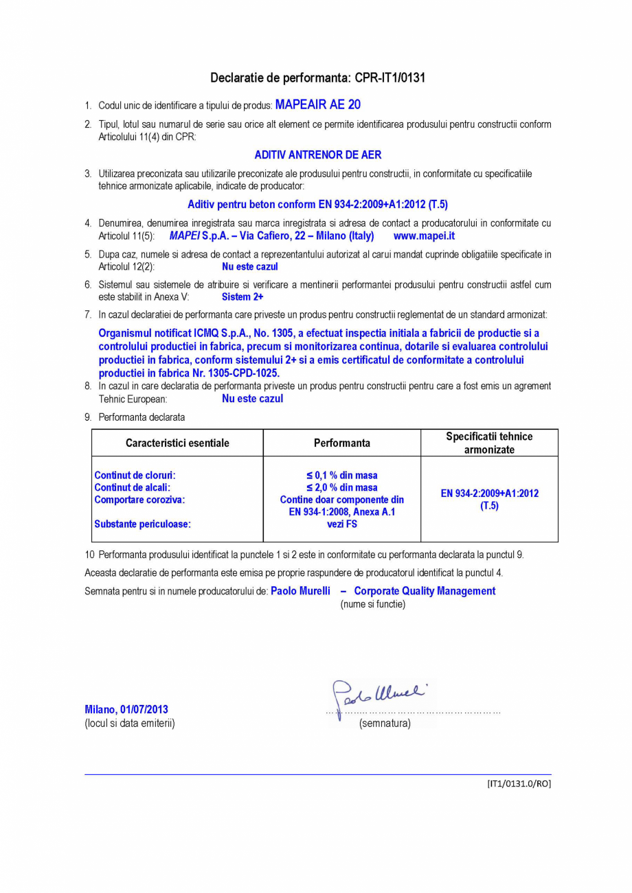 Pagina 1-Declaratie de performanta - Aditiv antrenor de aer MAPEI MAPEAIR AE 20 Certificare produs Romana 