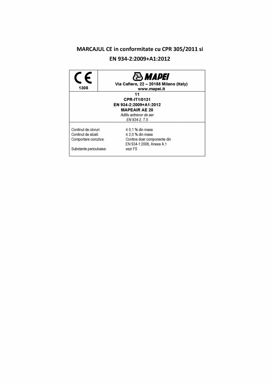 Pagina 2-Declaratie de performanta - Aditiv antrenor de aer MAPEI MAPEAIR AE 20 Certificare produs Romana 